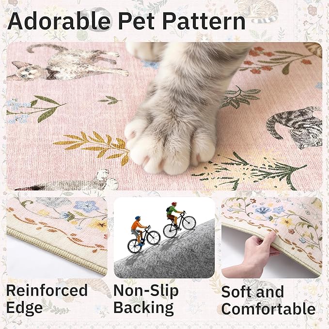 Soalmost Cat 3x5 Area Rugs for Entryway, Machine Washable Animal Floral Accent Rug Non-Slip Low Pile Soft Throw Rugs for Kitchen Bedside Living Room Bedroom Kids Room (3 x 5,Pink)