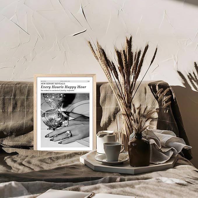 Wood Framed Newspaper Wall Art Print, Glam Sparkling Cocktail Happy Hour Poster Wall Decor, Black and White Vintage Aesthetic Canvas Picture for Bar Living Room Apartment Girls Room Decor 12x16 inch