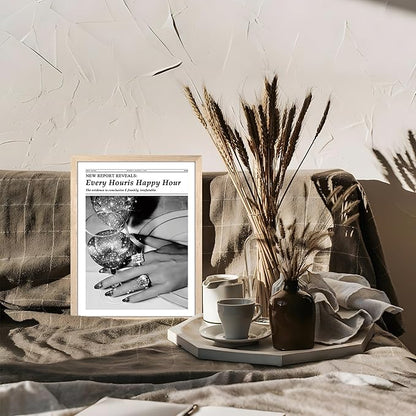 Wood Framed Newspaper Wall Art Print, Glam Sparkling Cocktail Happy Hour Poster Wall Decor, Black and White Vintage Aesthetic Canvas Picture for Bar Living Room Apartment Girls Room Decor 12x16 inch