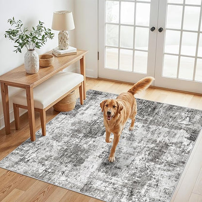 4x4 Square Entryway Rug Washable – Non-Slip Small Area Rug for Kitchen or Bathroom, Soft Low-Pile Indoor Mat, Modern Abstract Thin Door Carpet (Grey)