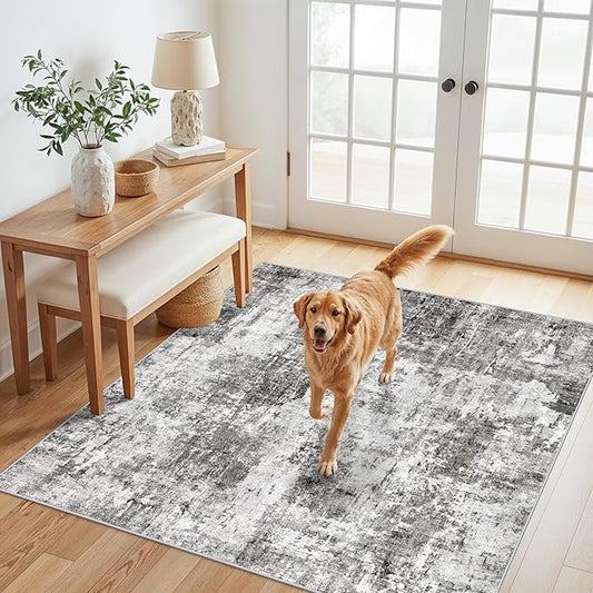 4x4 Square Entryway Rug Washable – Non-Slip Small Area Rug for Kitchen or Bathroom, Soft Low-Pile Indoor Mat, Modern Abstract Thin Door Carpet (Grey)