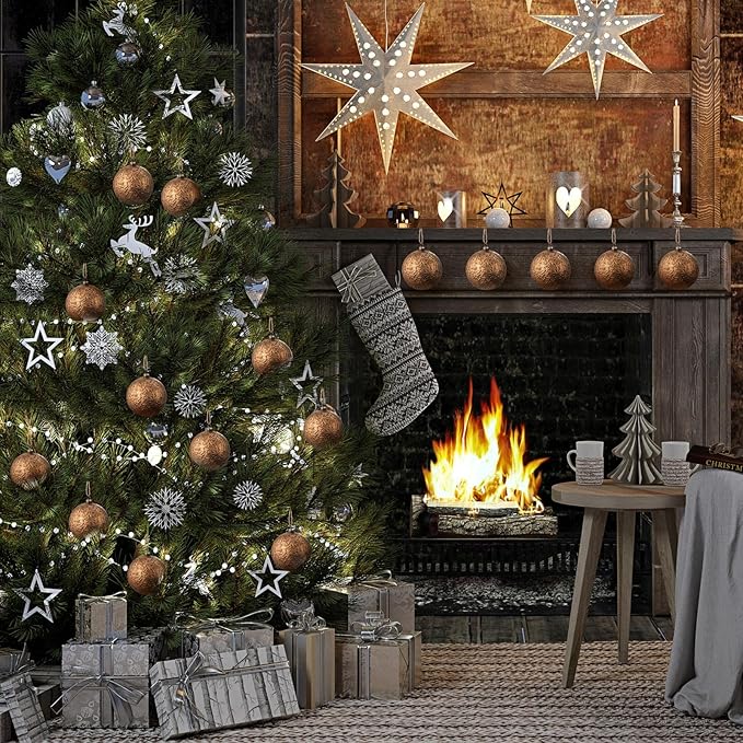 Suncalla 12 Pcs Farmhouse Christmas Ball Ornaments 3.15'' Vintage Antique Gold Christmas Tree Decor Rustic Distressed Neutral Ornaments with Loop Shatterproof Hanging Ball for Farmhouse Xmas Decor