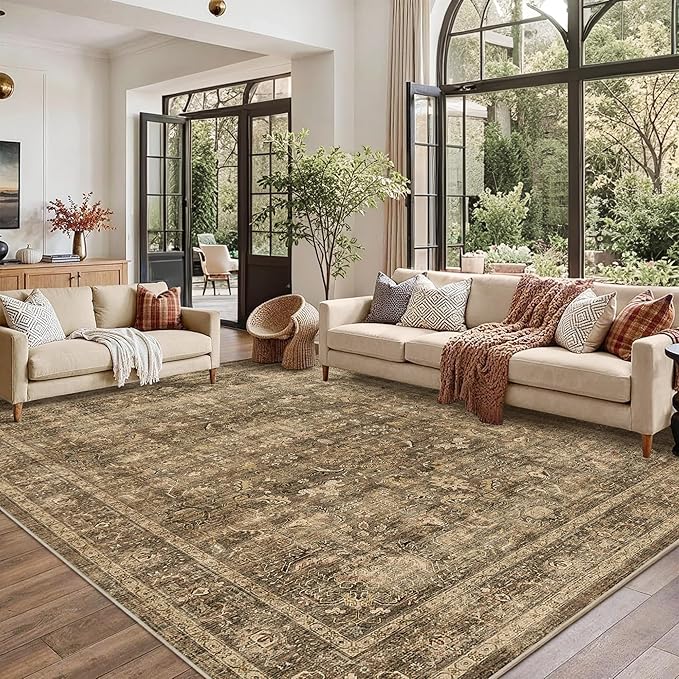 8x10 Brown Washable Area Rugs for Living Room Non Slip Low Pile Vintage Boho Throw Rug Soft Retro Distressed Floral Large Carpet Indoor Farmhouse Decor for Bedroom Dining Room Office Kitchen Playroom