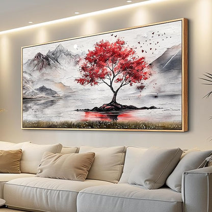 QIYILEXWART Wood Framed Canvas Wall Art For Living Room Wall Decor For Bedroom Office Wall Decorations Red Tree Painting Farmhouse Pictures Artwork Room Aesthetic Home Decor