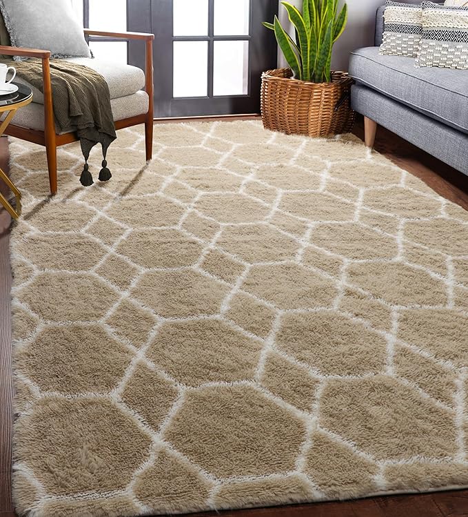 ONASAR Rugs for Living Room Bedroom, 5x8 Fluffy Beige and White Area Rug, Geometric Boho Soft Plush Shaggy Fuzzy Floor Carpet for Nursery Kids Girls Boys Teen Dorm Home Decor Aesthetic