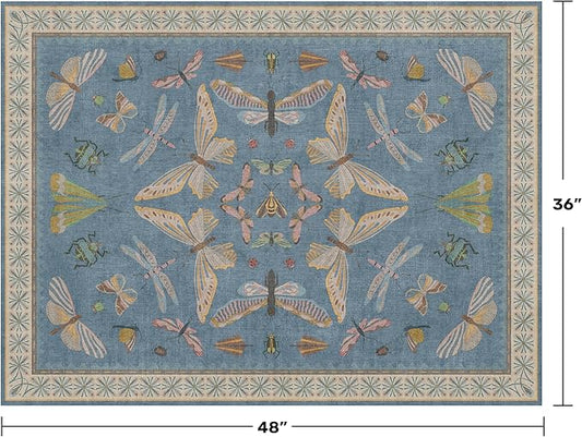 Hazo Haus Washable Blue Rugs for Bedroom Bedside - 3x4 Area Rug for Large Kitchen, Entrance Indoor, Boho Insect Print Bug Décor, Non Slip Low Pile Fade Resistant