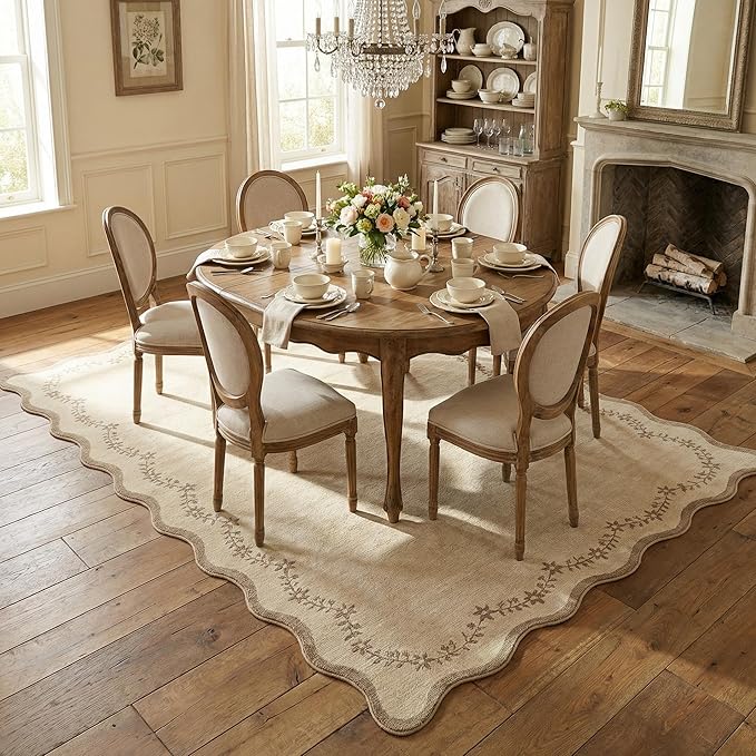 GarveeHome 5x7 Scalloped Area Rug Tan Jute Washable Rugs for Living Room Bedroom, Soft Low Pile Non Slip Accent Floor Mat Solid Floral Print Throw Rug Farmhouse Indoor Carpet for Dorm Playroom