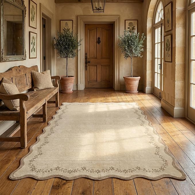 GarveeHome 3x5 Scalloped Washable Area Rug for Bedroom,Soft Solid Jute Entryway Rug Farmhouse Kitchen Mat Non Slip Low Pile Carpet Stain Resistant Throw Rug for Bedside Kids Room Office