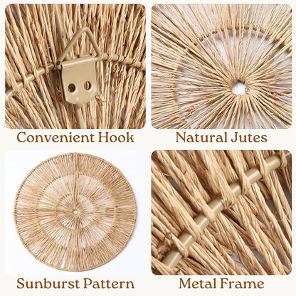 CHI AN HOME 18 Inch Boho Wall Decor – Set of 5 Woven Jute Wall Baskets, Boho Wall Art & Decorative Basket Set, Farmhouse Wall Hanging, Handwoven Wall Plates for Living Room, Bedroom – 18", 14", 11", 8", 7"