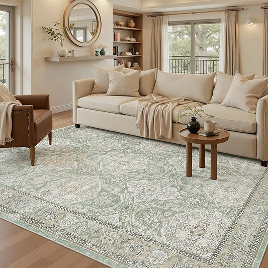 Soalmost 5x7 Area Rugs Green/Brown Low Pile Indoor Washable Trendy Faded Style Rugs for Bedroom Living Room Dining Room Foldable Non-Slip Thin Print Home Office Mat