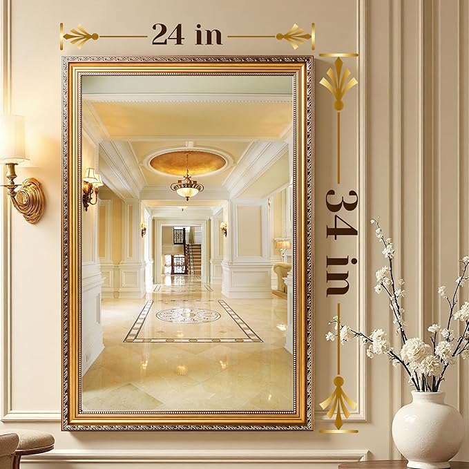 ROLOVE 34x24 Antique Gold Mirror for Wall, Ornate Vintage Wall Decor, Gold Framed Baroque Mirror for Fireplace Mantel, Living Room & Bathroom Vanity, Farmhouse Decor, Horizontal or Vertical