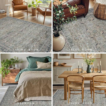 Srugn Washable Rugs 8x10 Area Rugs for Living Room,Rugs for Bedroom,Large Carpets,Ultra Soft Faux Wool Retro Dining Room Rug,Non Slip&Non-Shedding Low Pile Vintage Print Rug for Home Office,Green