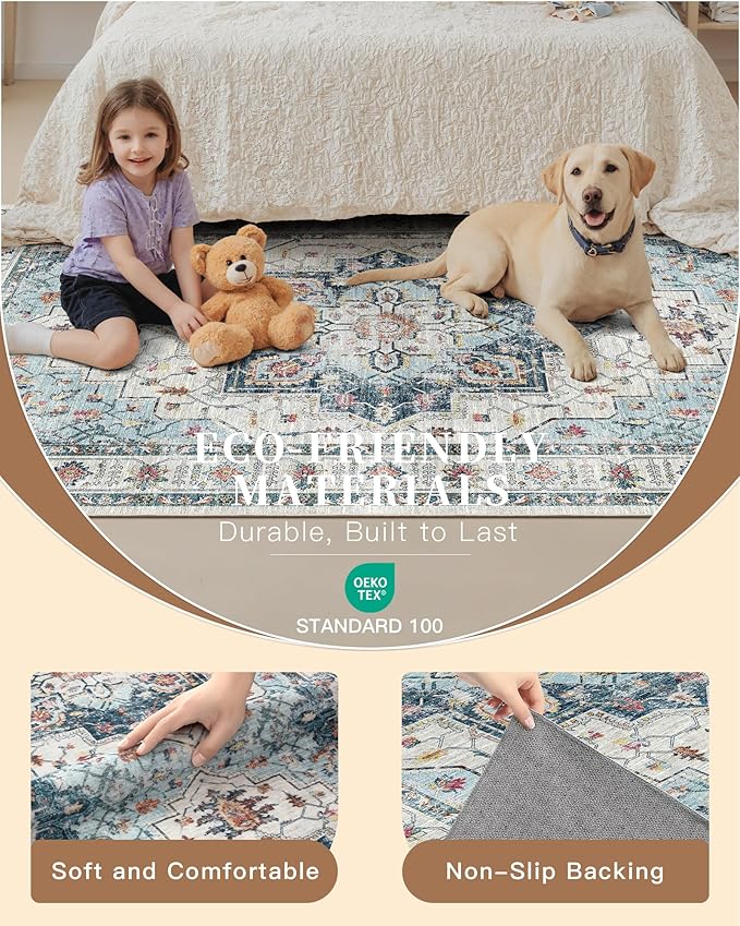 Madane Area Rug 3x5, Entryway Washable Vintage Runners Bedroom Non Slip Indoor Kitchen Runner for Living Room Laundry Room Playroom Soft Non-Slip Area Rugs, Blue