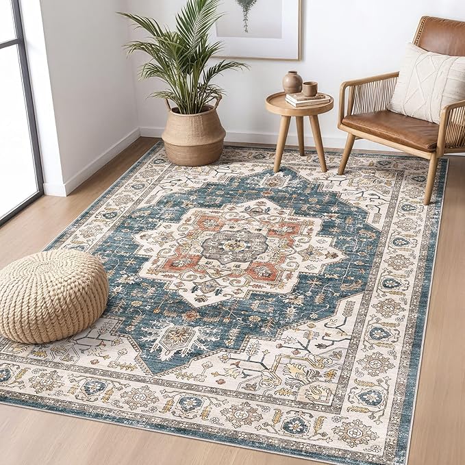 Area Rug 7x9 Washable Vintage - Soft Traditional Rugs for Living Room Large Non Slip Backing with Low Pile Farmhouse Oriental Retro Carpet for Bedroom Dining Room or Home Office - Blue