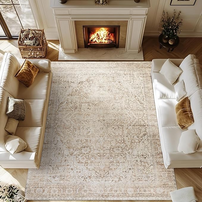 BILEEHOME Tan Area Rug 6x9 for Living Room,Washable Stain Resistant Rustic Country Farmhouse Rugs for Dining Room Table,Sand Beige