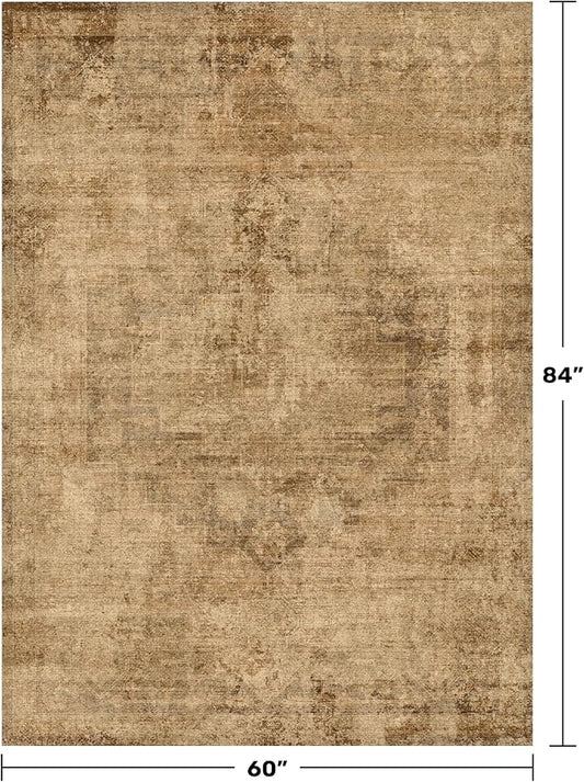 Hazo Haus Brown and Gold Rugs for Living Room 5x7 Rug - Abstract Grey Office Rug for Fireplace, Home Office, Bedroom, Washable Non Slip Soft, Medallion Indoor Décor