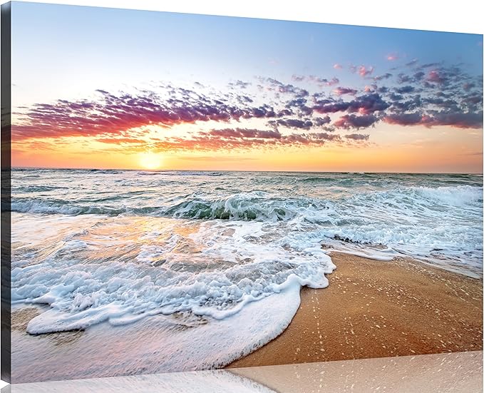 TutuBeer 1 Panel Beach Art for Wall Beach Paintings for Wall White Ocean Sunrise with Deep Blue Sky Sea Pictures for Home Pictures of the Ocean Stretched and Framed for Home Decor 24x36 inch