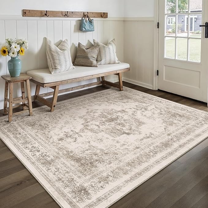 PureCozy Area Rug 4x6 Beige Washable Office Entryway Vintage Medallion Carpet Non Slip Retro Indoor Mat Low Pile Soft Distressed Small Rug for Bedroom Kitchen Laundry Dining Room