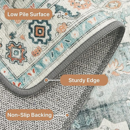 GENIMO 8x10 Area Rugs for Living Room, Machine Washable Non Slip Rugs, Low Pile Lightweight Vintage Print Rug for Bedroom, Dining Room, Home Office, Turquoise & White