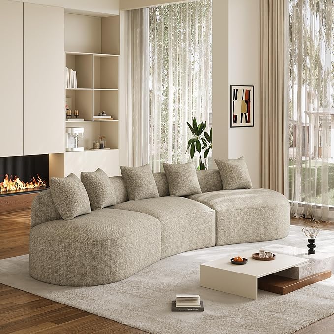 134" Oversized Sectional Sofa for Living Room, Modern Luxury Plush Chenille 4-Seater Extra Deep & Wide Seat Curved Cloud Couch with 5 Throw Pillows, No Assembly Needed, Light Brown