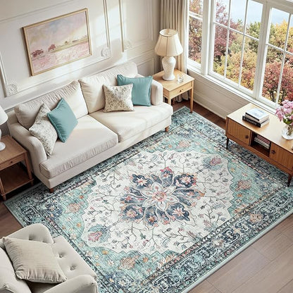 RELEANY Area Rugs 6'x9' Washable Non-Slip, Floral Vintage Distress Print Pattern Medallion Carpet for Living Room Bedroom Dining Room, Green Navy Blue White Red Teal Colorful