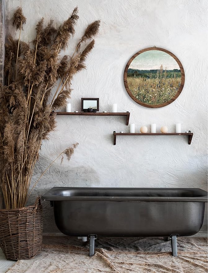 Vintage Spring Floral Field Landscape Hanging Wall Art, Meadow Flowers Vintage Round Wooden Wall Decor, Flower Field Scene Western Boho Decorations for Home Living Room Bedroom Bathroom Office, 19