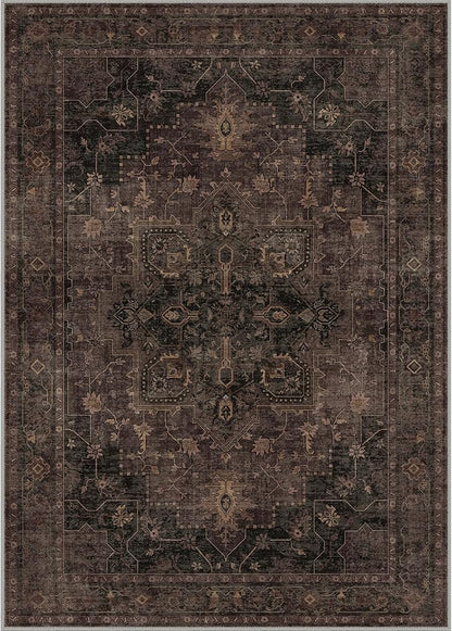 GENIMO 5x7 Area Rugs for Living Room, Machine Washable Rug, Non Slip Indoor Vintage Rug, Low Pile Lightweight Chenille Print Carpet for Bedroom Dining Room Home Office, Charcoal Brown
