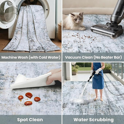6x9 Area Rugs Washable Rug:Anti-Skid Abstract Modern Living Room Rug Soft Thin Carpets Indoor Floor Non-Shedding Carpet for Bedroom Dining Farmhouse Nursery Home Office(Blue/Grey/Gold/White, 6x9)