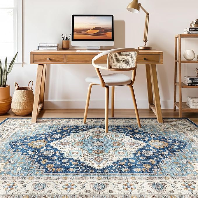 10x14 Area Rug Living Room: Washable Boho Large Neutral Vintage Soft Rugs Stain Resistant Farmhouse Non-Slip Indoor Floor Retro Carpet for Bedroom Nursery Kids Office Dining Room- Navy Beige