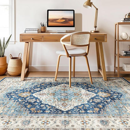 8x10 Area Rugs Living Room: Washable Boho Large Neutral Vintage Soft Rugs Stain Resistant Farmhouse Non-Slip Indoor Floor Retro Carpet for Bedroom Nursery Kids Office Dining Room- Navy Beige