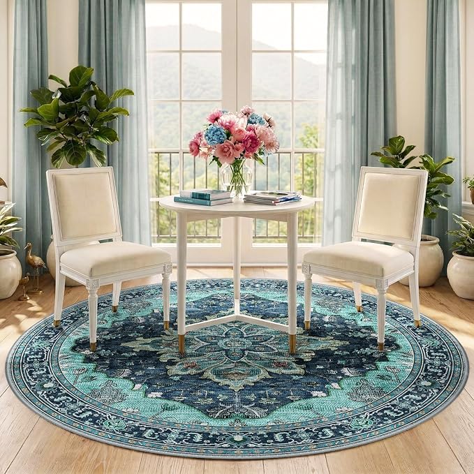 RELEANY Area Rugs Round 5ft Washable Non-Slip, Floral Vintage Distress Print Pattern Medallion Carpet for Living Room Bedroom Dining Room, Teal Green Lake Blue Turquoise