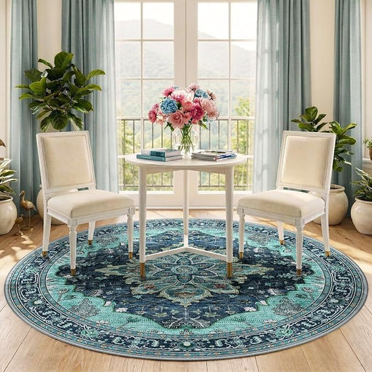RELEANY Area Rugs Round 5ft Washable Non-Slip, Floral Vintage Distress Print Pattern Medallion Carpet for Living Room Bedroom Dining Room, Teal Green Lake Blue Turquoise