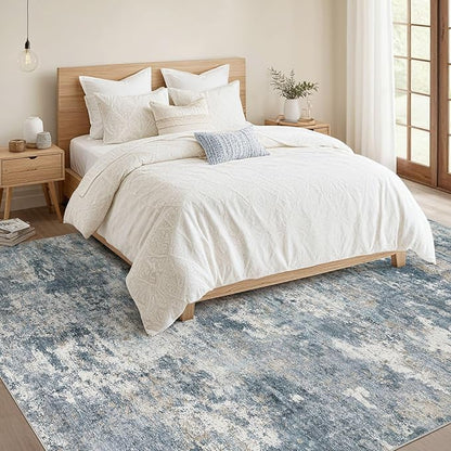 Nakagishi 10x12 Area Rugs Living Room: Washable Abstract Large Neutral Soft Rug Stain Resistant Modern Indoor Floor Non-Slip Carpet for Bedroom Nursery Kids Playroom Office Dining Room Dorm-Blue Brown