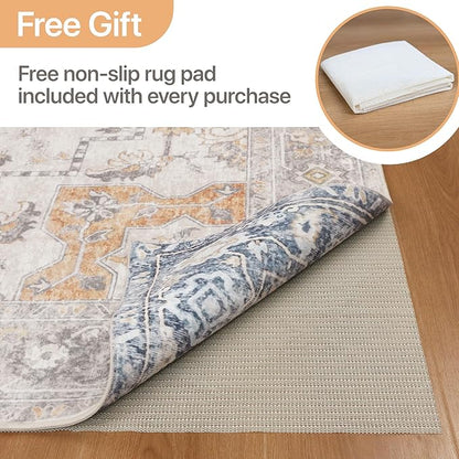 GENIMO 6x9 Reversible Area Rugs for Living Room, Machine Washable Rug with Pad, Non Slip Vintage Rug, Low Pile Lightweight Chenille Print Carpet for Bedroom Dining Room Home Office, Taupe & Blue