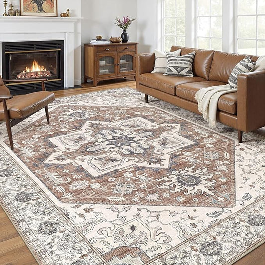 Area Rug 10x12 for Living Room - Washable Oriental Vintage Floral Distressed Large Indoor Carpets with Non Slip Back for Bedroom Dining Room Nursery Office Home Decor -Terracotta/Brown