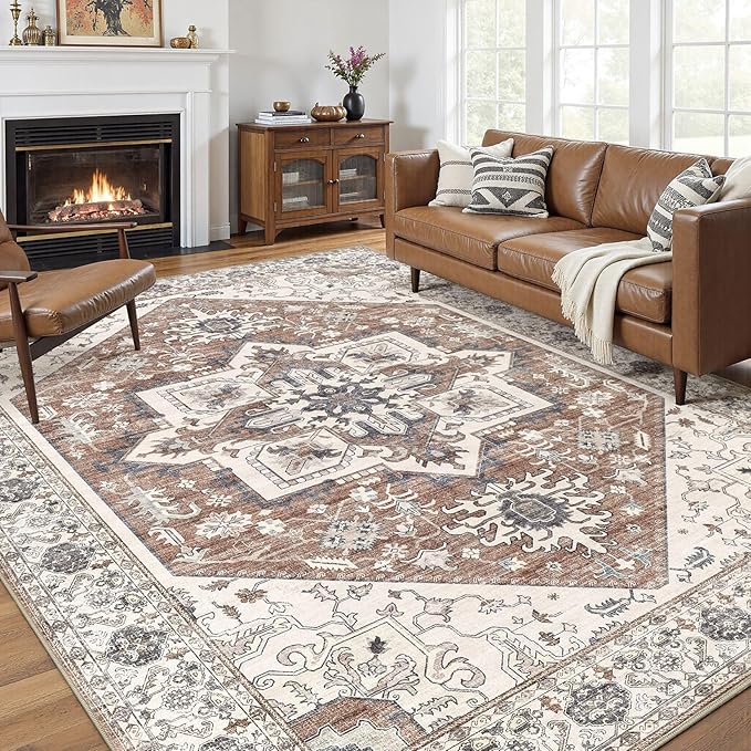 Area Rug 10x14 for Living Room - Washable Oriental Vintage Floral Distressed Large Indoor Carpets with Non Slip Back for Bedroom Dining Room Nursery Office Home Decor -Terracotta/Brown