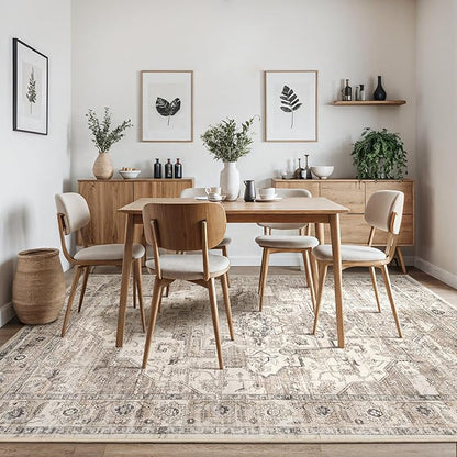 Area Rug 10x12 Washable Vintage - Soft Traditional Rugs for Living Room Large Non Slip Backing with Low Pile Farmhouse Oriental Retro Carpet for Bedroom Dining Room or Home Office - Tea Brown
