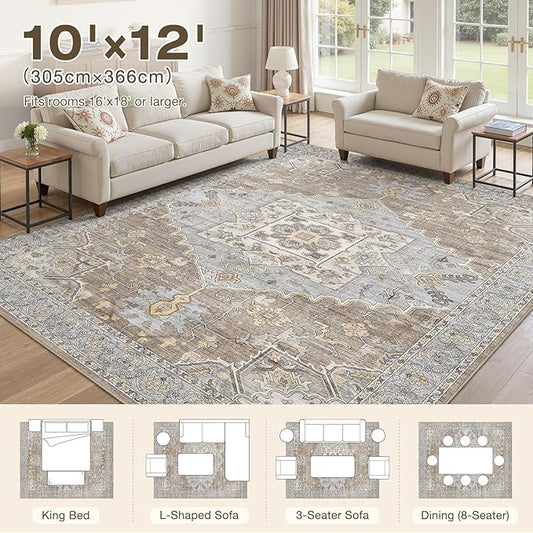 10x12 Washable Area Rugs for Living Room: Non Slip Vintage Brown Gray Rug, Large Soft Stain Resistant Indoor Floor Carpets for Bedroom Dining Room Nursery Home Office Kid & Pet Friendly