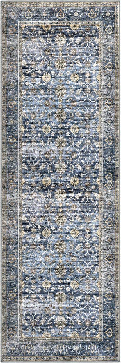 KUTA Vintage Floral Rugs for Entryway, 2PCS 2x3 and 2x6 Blue Grey Beige Entrance Small Area Rug, Non-Slip Washable Ultra Thin Soft Hallway Runner Rug, Low-Pile Indoor Door Mat Floor Carpet