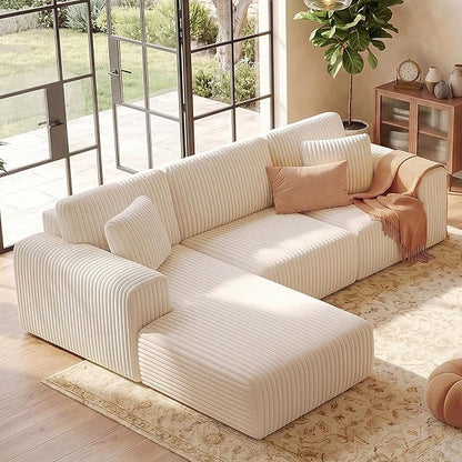 GRUSIGN 107'' Cloud Sectional Boneless Couches for Living Room, Modular L Shaped Couch with Deep Seat Oversized Left Facing Chaise, Memory Foam Compressed Spineless 3 Seater Sofa, Wide-Striped Beige