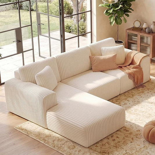 GRUSIGN 107'' Cloud Sectional Boneless Couches for Living Room, Modular L Shaped Couch with Deep Seat Oversized Left Facing Chaise, Memory Foam Compressed Spineless 3 Seater Sofa, Wide-Striped Beige