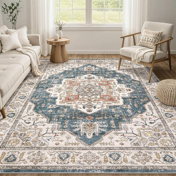 Area Rug 7x9 Washable Vintage - Soft Traditional Rugs for Living Room Large Non Slip Backing with Low Pile Farmhouse Oriental Retro Carpet for Bedroom Dining Room or Home Office - Blue