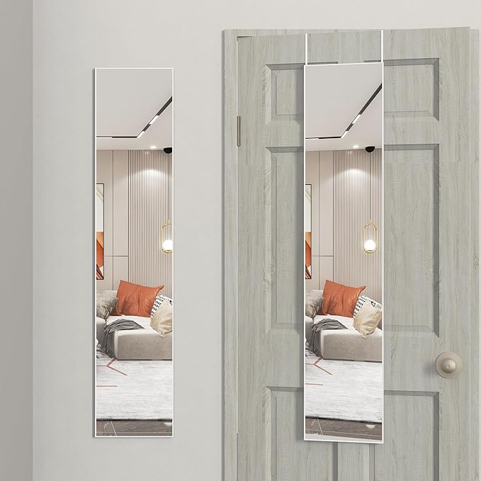 ANYHI Large Full Length Mirror, 65"x13.8" Door Mirror Full Length, 2 Hooks, Over The Door or Wall Monuted, Aluminum Frame, for Bedroom Bathroom Checkroom, White