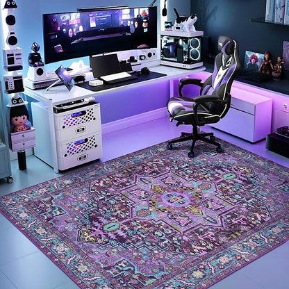 Kokia 5x7 Washable Area Rugs Violet Purple with Vintage Orient Design, Soft Rug for Living Room or Bedroom, Non-Slip Low Pile Stain Resistance Features, Distressed Medallion Pattern