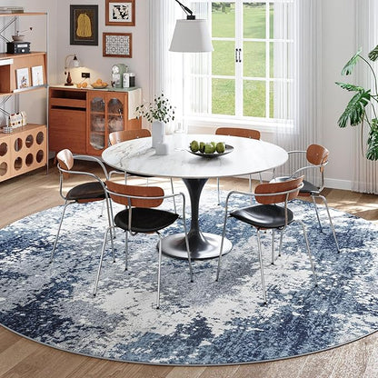 Blue Round Area Rugs 4ft Washable Circle Rug for Entryway Kitchen, Non Slip Soft Low Pile Stain Resistant, Boho Circular Carpet for Living Room Bedroom Dorm Dining Room Table, Abstract Navy