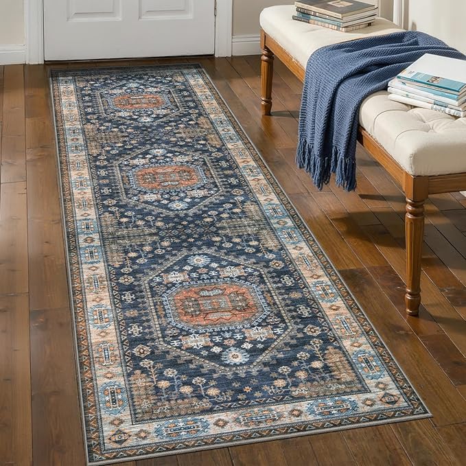 Tangsoo 2.6x8 Washable Runner Rug for Hallways,Vintage Non-Slip Kitchen Runner Rugs Non-Slip Soft Low Pile Long Rug Runner for Bedroom Entryway Laundry Bathroom Living Room Blue Orange