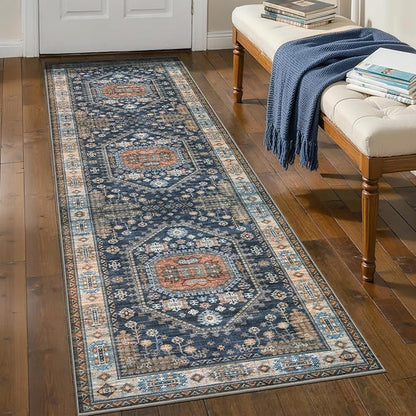 Tangsoo 2.6x8 Washable Runner Rug for Hallways,Vintage Non-Slip Kitchen Runner Rugs Non-Slip Soft Low Pile Long Rug Runner for Bedroom Entryway Laundry Bathroom Living Room Blue Orange