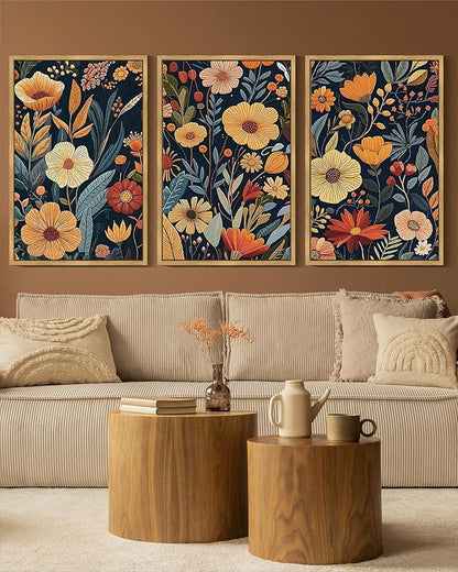 Drsoum Vintage Flower Wall Art Framed Retro Bohemian Boho Colorful Floral Plant Rustic Artwork Nature Botanical Wildflower Prints Bedroom Living Room Ready to Hang 16x24in Natural Framed