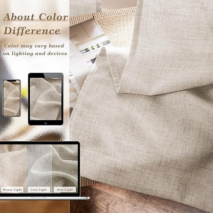Linen Curtains 63 Inch Length Semi Sheer Flax Linen Textured, Small Drapes for Farmhouse Kitchen Bedroom Apartment, Light Reducing Privacy Curtain Rod Pocket Hook Belt 63 Inches Long 2 Panels