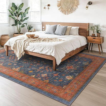 Hazo Haus 6x9 Dining Room Rugs for Under Table - Washable Area Rug for Living Room, Low Pile Non-Slip Rugs for Bedroom - Navy Blue & Terracotta Vintage Boho Eclectic Home Decor